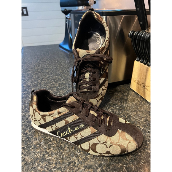 Coach Henrietta Size Brown Signature Logo Canvas & Suede Sneakers / Shoes - Picture 1 of 11